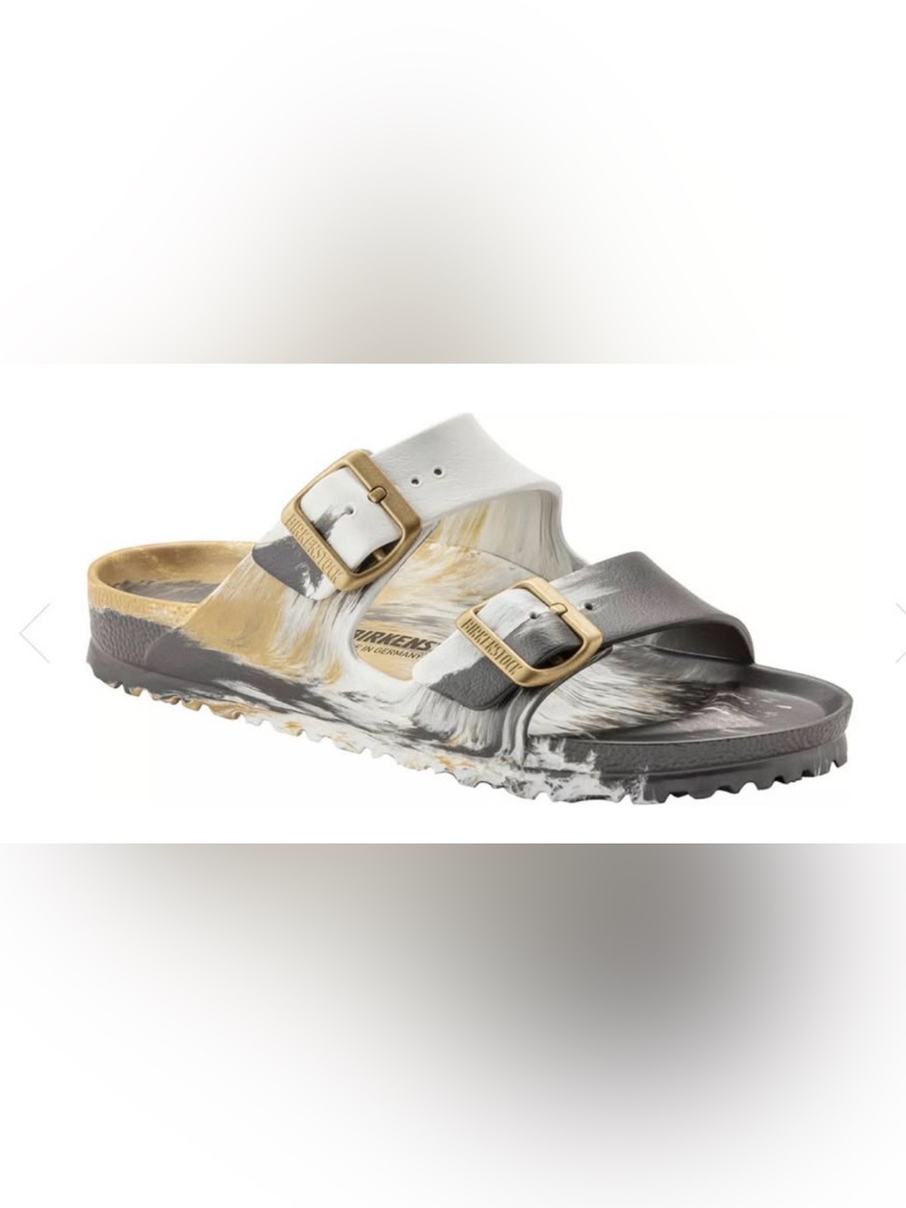 Birkenstock Marbled White Gray Sandal with Gold Buckles